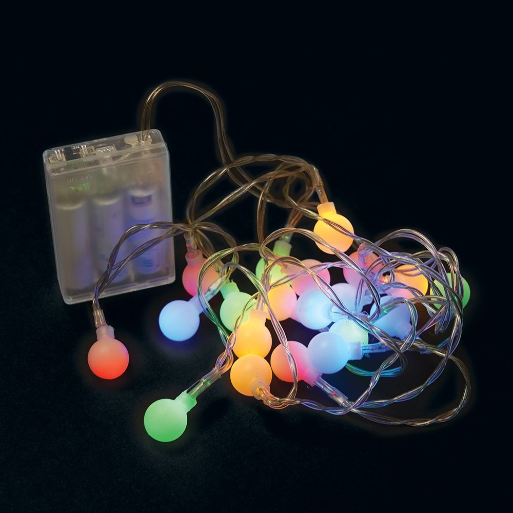 Качественная картинка Светодиодная гирлянда Feron CL555, 4.5V  20 LED мульти, 1.28W, 2 м, батар.3*АА, IP20, шнур 0,5 м.