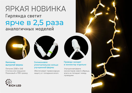 Качественная картинка Светодиодный занавес 2*3 м Rich LED, с герметичным колпачком IP65, статика, белый