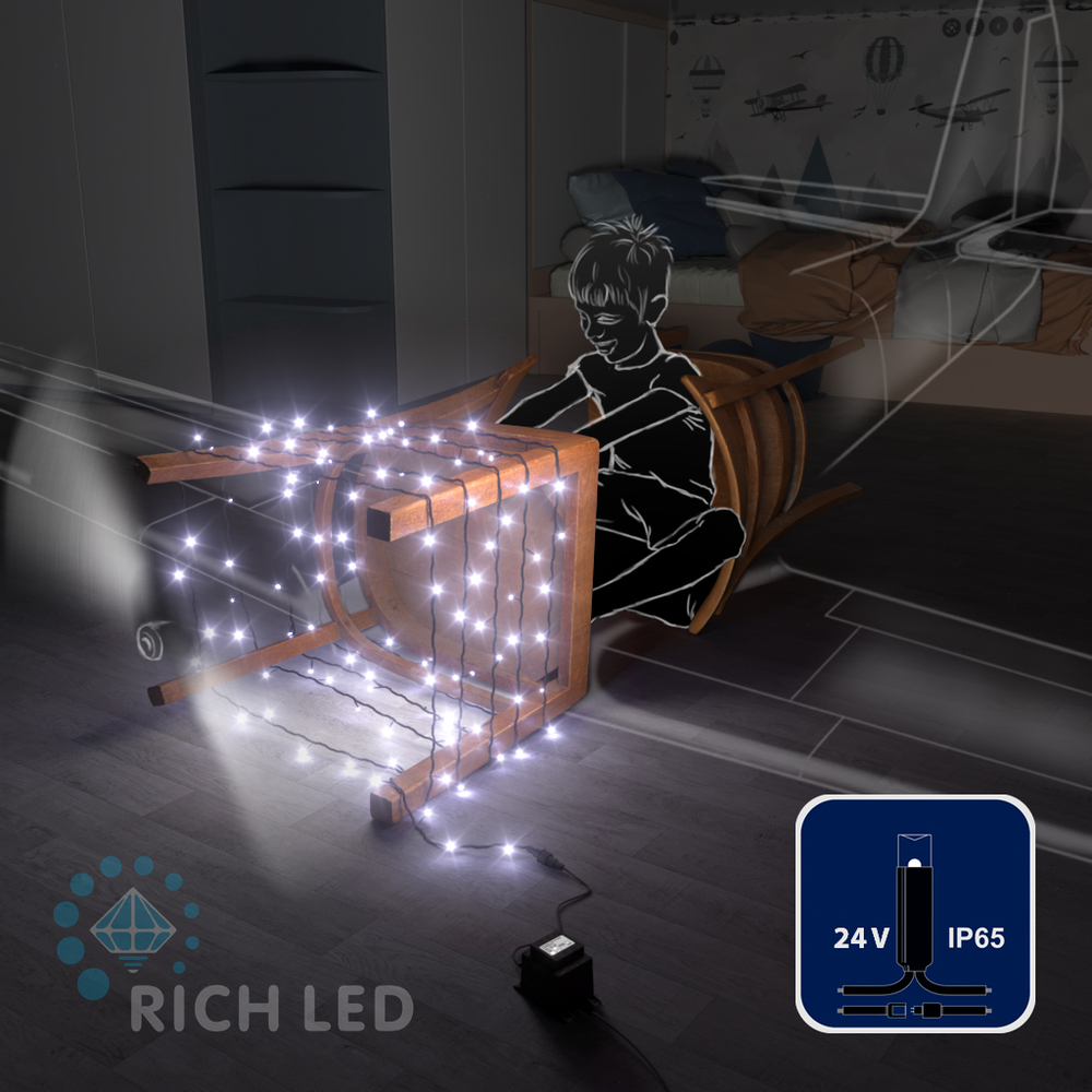 Качественная картинка Светодиодные гирлянды RichLed Нить 10 м, 24 В, пост.свеч, IP 65, герм.колп, черный провод, белый