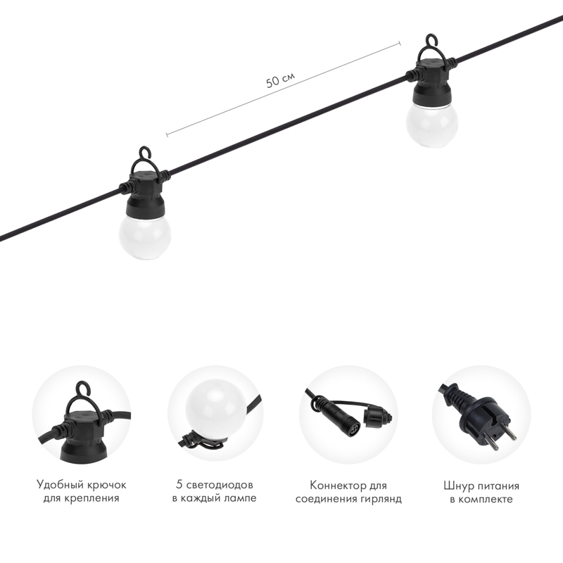 Качественная картинка Уличная гирлянда Лофт 10м, черный каучук, 20 матовых ламп х 5 LED, влагостойкая IP44