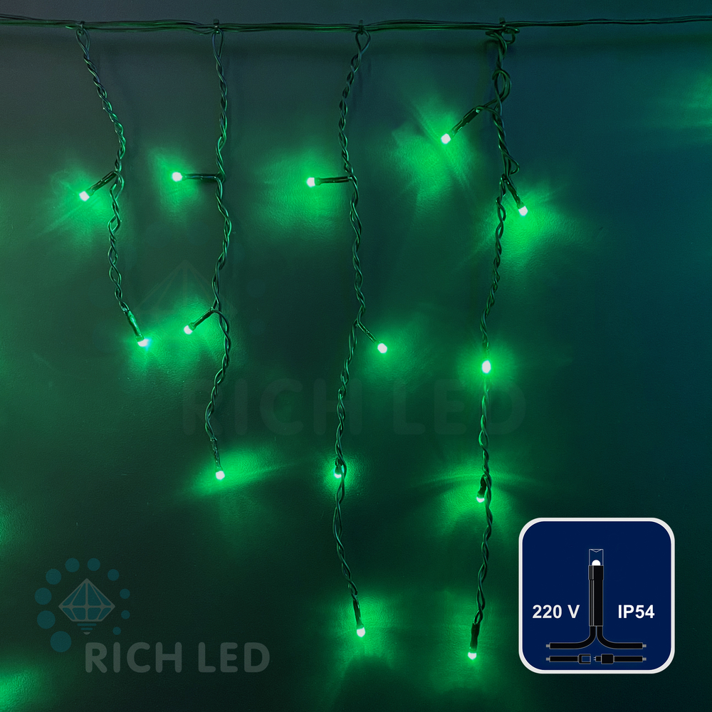 Качественная картинка Светодиодная бахрома Rich LED 3*0,5 м, 220 В, пост. свечение, цвет зеленый, IP54, черный провод