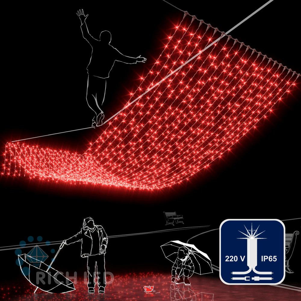 Качественная картинка Светодиодный занавес RichLed, 2*6 м, 220 В, мерцание, IP 65, герметичный колпачок, красный