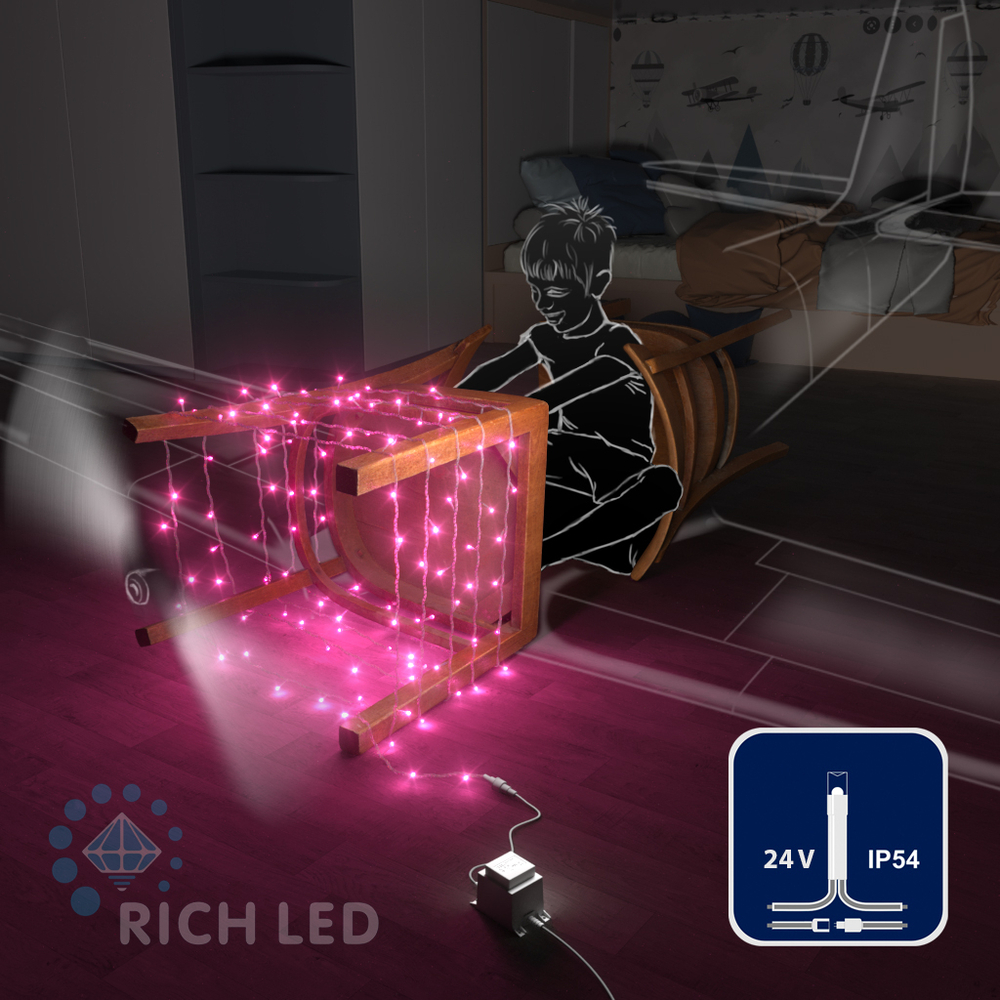 Светодиодные гирлянды RichLed Нить 10 м, 24 В, пост.свеч, прозр.провод, цвет розовый Качественная картинка Светодиодные гирлянды RichLed Нить 10 м, 24 В, пост.свеч, прозр.провод, цвет розовый