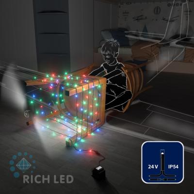 Светодиодные гирлянды RichLed Нить 10 м, 24 В, пост.свеч, черный провод, мульти цвет