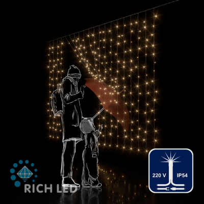 Светодиодный занавес RichLed, 2*1,5 м, облегченный, 220 В, мерцание, IP54, т.белый