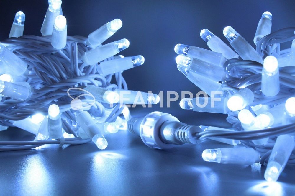 Качественная картинка Светодиодная гирлянда нить Teamprof 10м, 100 LED, 24В, статика, белый провод, герм.колп., белая