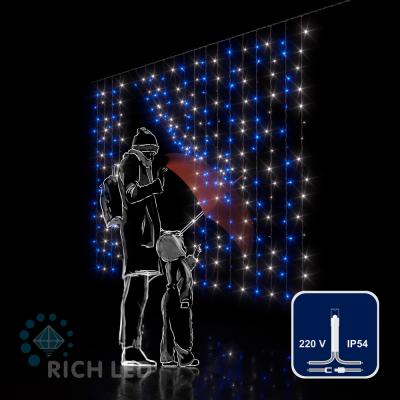 Светодиодный занавес RichLed, 2*1,5 м, облегченный, 220 В, пост. свечение, IP54, синий+белый