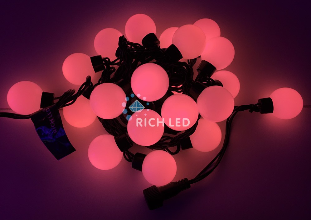 Качественная картинка Гирлянда Большие Шарики Rich LED, 4 см, 5 м, соединяемая, розовая, черный провод, RL-S5