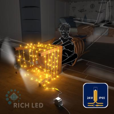 Светодиодные гирлянды RichLed Нить 10 м, 24 В, пост.свеч, IP65, герм.колп, желтый провод, желтый Светодиодные гирлянды RichLed Нить 10 м, 24 В, пост.свеч, IP65, герм.колп, желтый провод, желтый