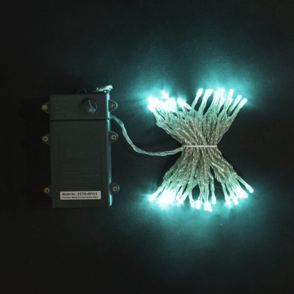 Качественная картинка Светодиодная нить Laitcom, на бат. с тайм. 5м, 50 LED, IP65, 3 бат."D", 4,5V, проз.пр., аква
