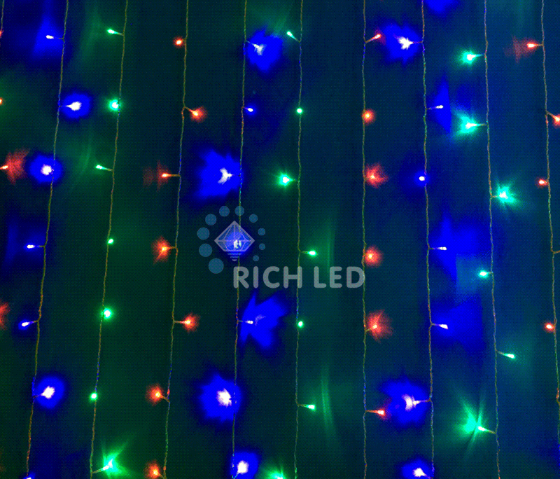 Качественная картинка Светодиодный занавес RichLed, 2*3 м, 220 В, 8 режимов свечения, IP54, цвет мульти