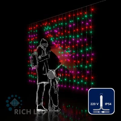 Светодиодный занавес RichLed, 2*1,5 м облегченный, 220 В, пост. свечение, IP54, мульти