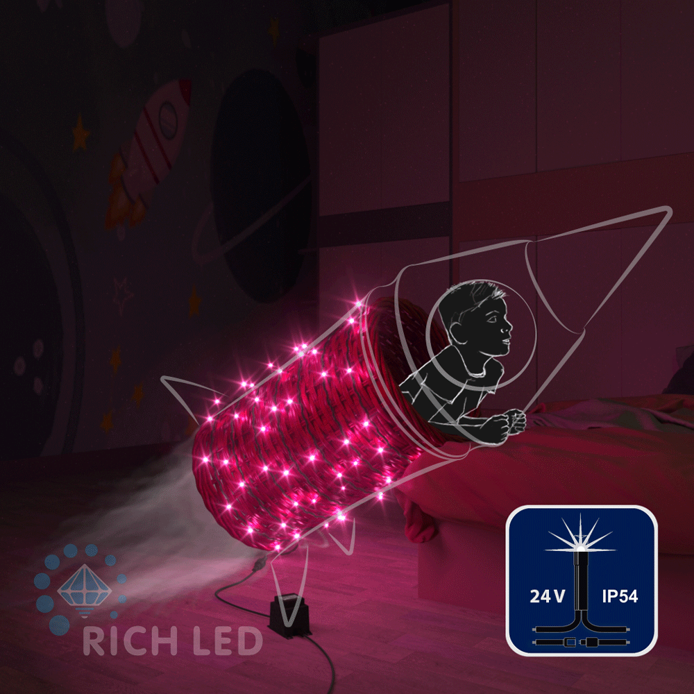 Качественная картинка Светодиодные гирлянды RichLed Нить 10 м, 24 В, мерцание, черный провод, цвет розовый