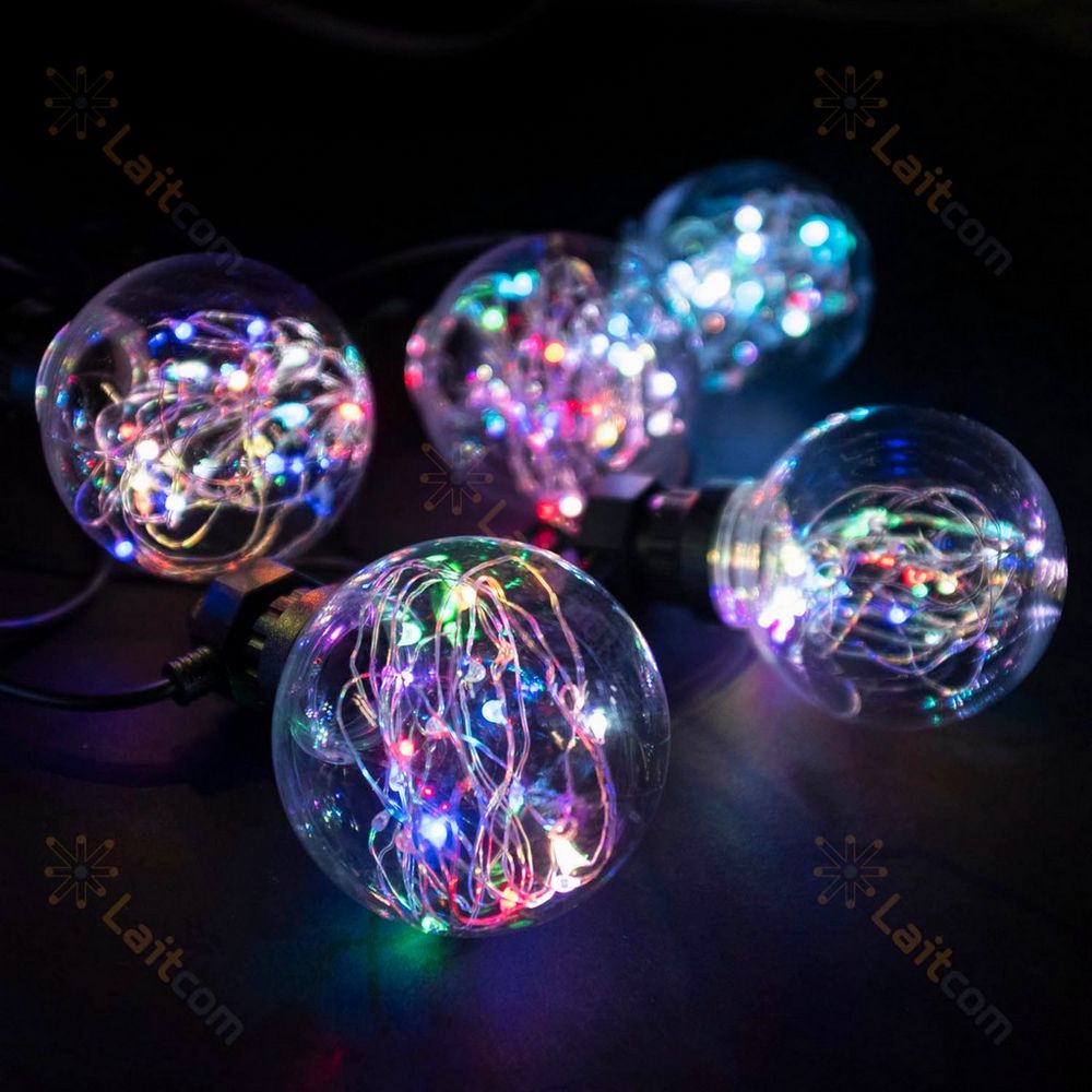 Качественная картинка Светодиодная гирлянда Laitcom, 5м, 10 led, IP44, 24V, 100 мм, прозрачная колба, роса, RGB