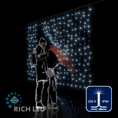 Светодиодный занавес RichLed, 2*1,5 м облегченный, 220 В, мерцание, IP54, цвет белый