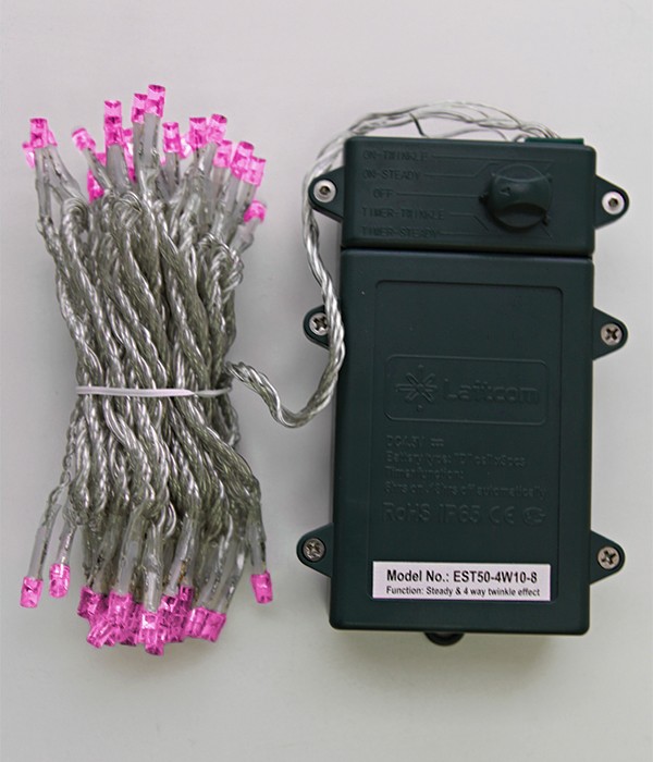 Качественная картинка 07-013 Светодиодная нить Laitcom, на батарейках с таймером 5м, 3 бат. "D", 4,5V, прозр. пр., розовый
