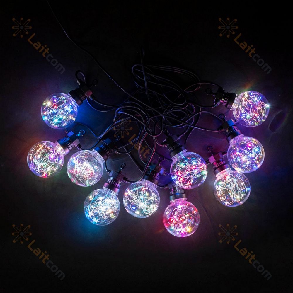 Качественная картинка Светодиодная гирлянда Laitcom, 5м, 10 led, IP44, 24V, 100 мм, прозрачная колба, роса, RGB
