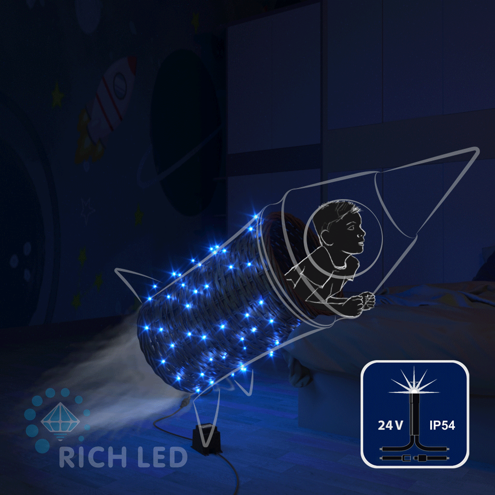 Качественная картинка Светодиодные гирлянды RichLed Нить 10 м, 24 В, мерцание, черн.провод, цвет синий