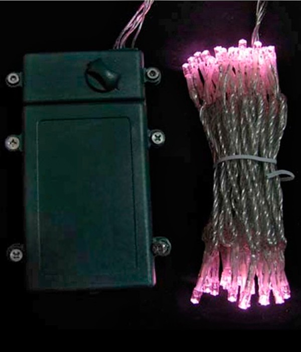 Качественная картинка Светодиодная нить на батарейках 5м светло-розовая, 50 LED, провод прозрачный Силикон, IP65