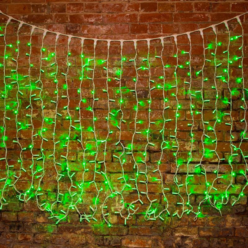 Качественная картинка Светодиодный занавес NEON-NIGHT 2х1,5м ЗЕЛЕНЫЙ, белый КАУЧУК, IP67, постоянное свечение, 230В