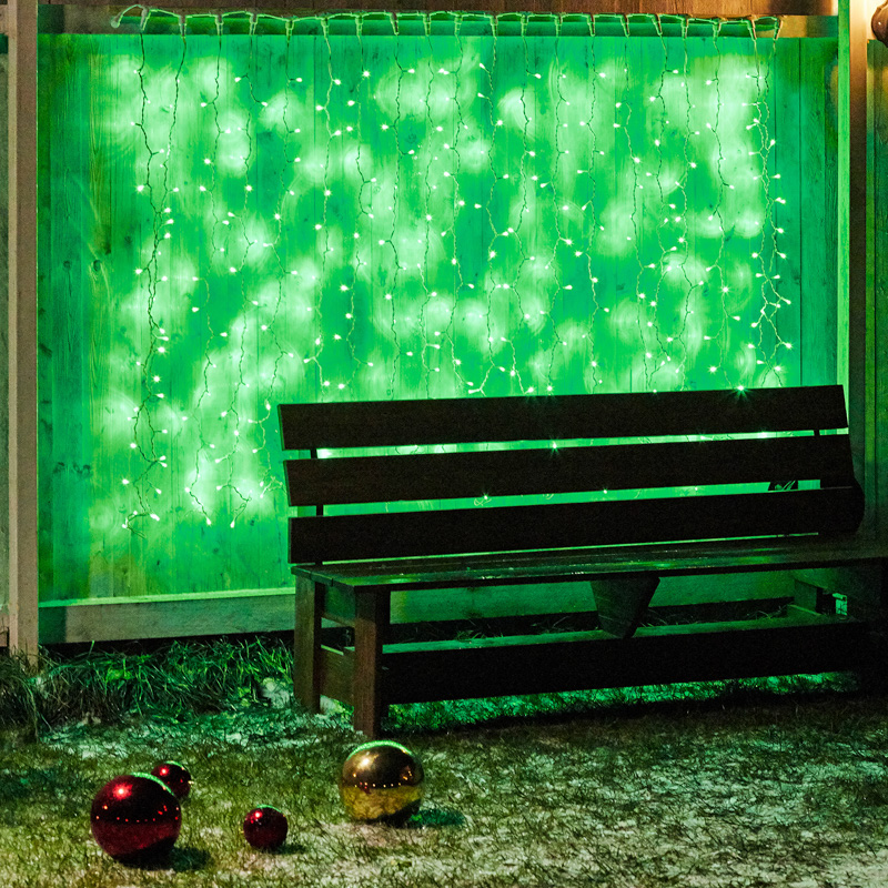 Качественная картинка Светодиодный занавес NEON-NIGHT 2х1,5м ЗЕЛЕНЫЙ, белый ПВХ, IP65, мерцание, 230В