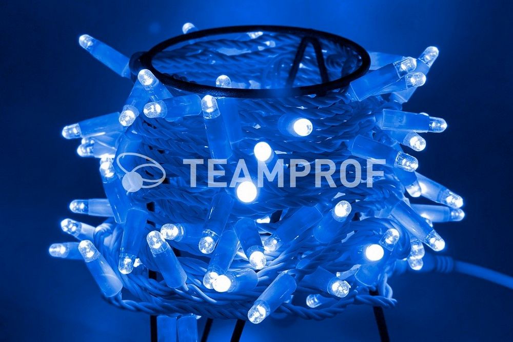 Качественная картинка Светодиодная гирлянда нить Teamprof, 10м,100 LED, 24В, мерцание, бел.провод, герм.колп.,синий