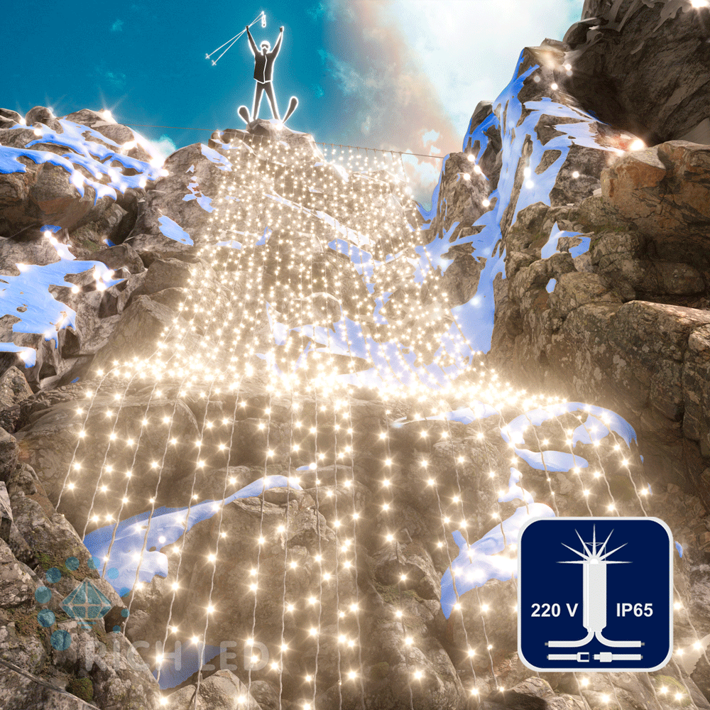 Качественная картинка Светодиодный занавес RichLed, 2*9 м, 220 В, мерцание, IP 65, герм. колпачок, цвет теплый белый