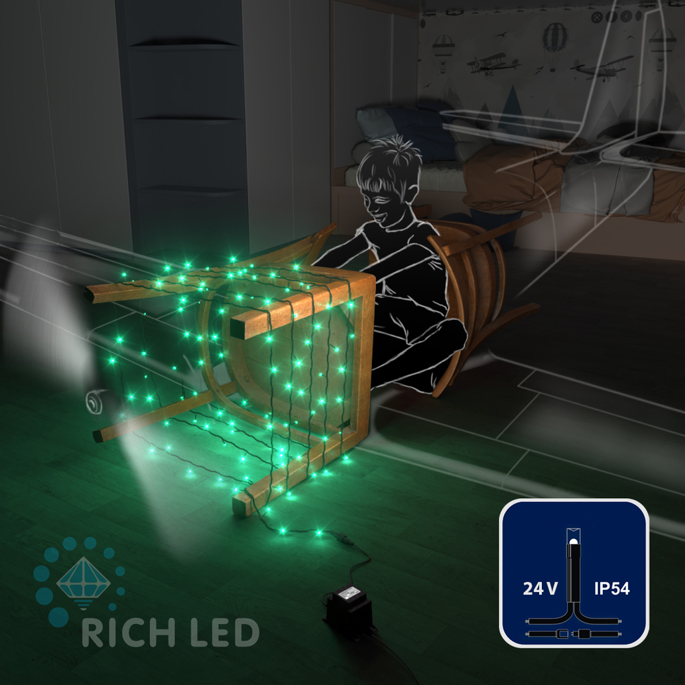 Светодиодные гирлянды RichLed Нить 10 м, 24 В, пост.свеч, черный провод, цвет зеленый Качественная картинка Светодиодные гирлянды RichLed Нить 10 м, 24 В, пост.свеч, черный провод, цвет зеленый