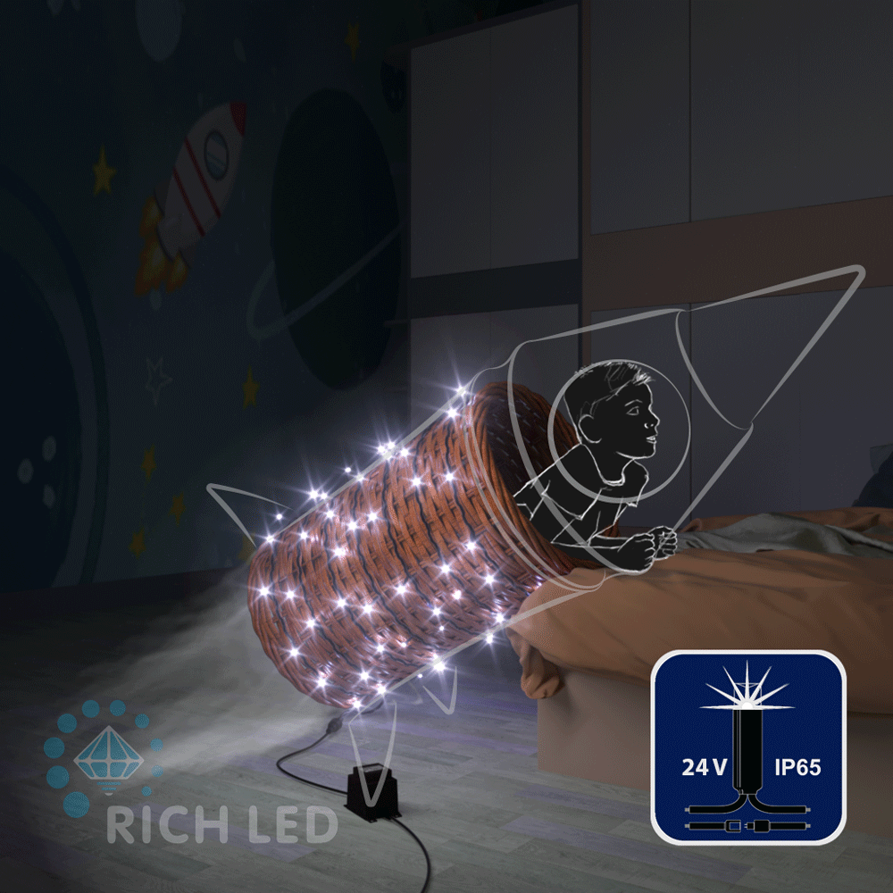Качественная картинка Светодиодные гирлянды RichLed Нить 10 м, 24 В, мерцание, IP65, герм. колп, черн.провод, белый