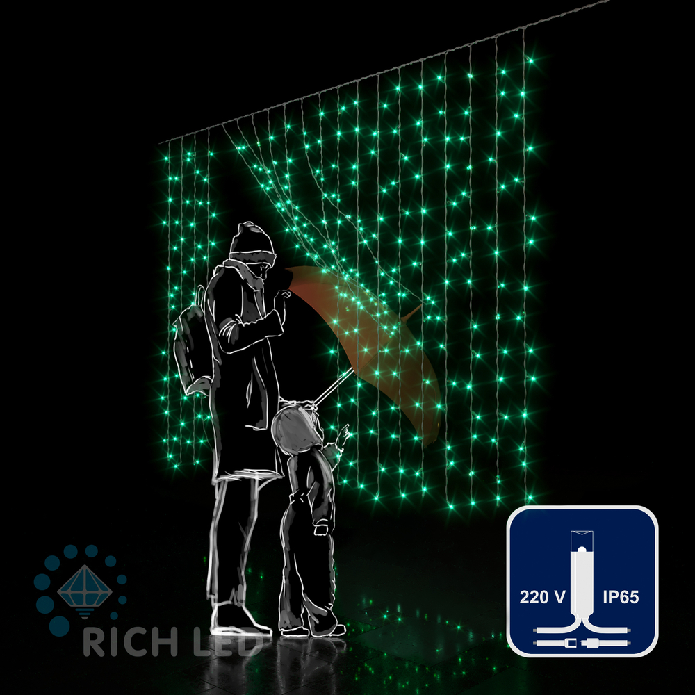 Светодиодный занавес RichLed, 2*1,5 м облегченный, 220 В, пост.свечение, IP 65, герм.колп., зеленый Качественная картинка Светодиодный занавес RichLed, 2*1,5 м облегченный, 220 В, пост.свечение, IP 65, герм.колп., зеленый