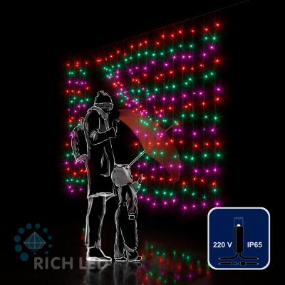 Светодиодный занавес RichLed, 2*1,5 м облегченный, 220 В, пост.свечение, IP 65, герм. колп., мульти Светодиодный занавес RichLed, 2*1,5 м облегченный, 220 В, пост.свечение, IP 65, герм. колп., мульти