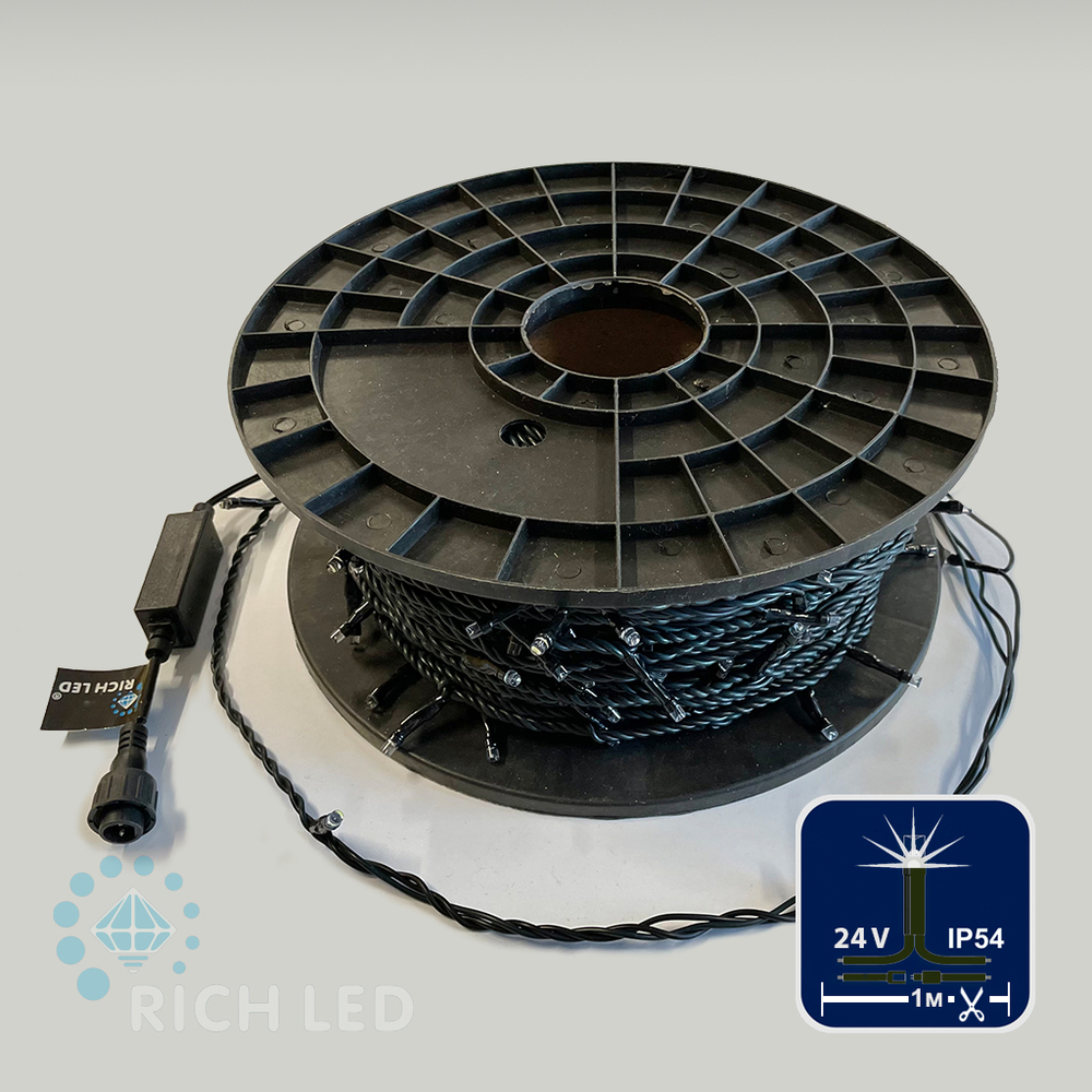 Качественная картинка Светодиодная гирлянда Rich LED Нить 100 м, 24В, мерцание, провод черный/зеленый, IP54, т. белый