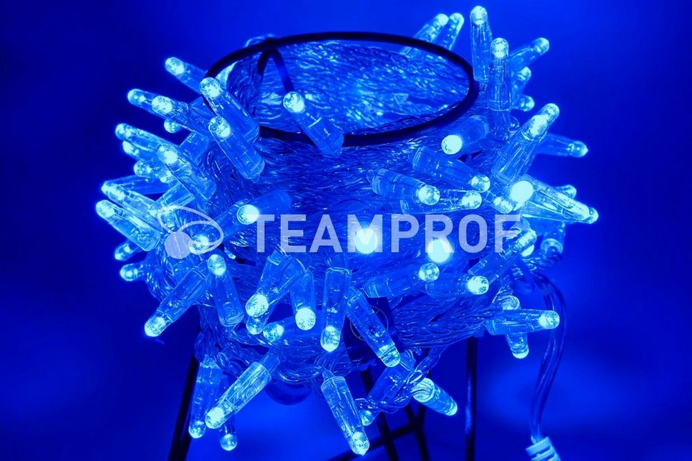 Качественная картинка Светодиодная гирлянда нить Teamprof, 10м, 100 LED, 24В, статика, прозрачный провод, герм.колп. синий