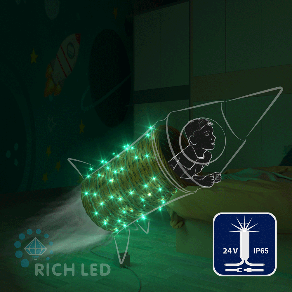 Качественная картинка Светодиодные гирлянды RichLed Нить 10 м, 24 В, мерцание, IP65, герм.колп, белый провод, цвет зеленый