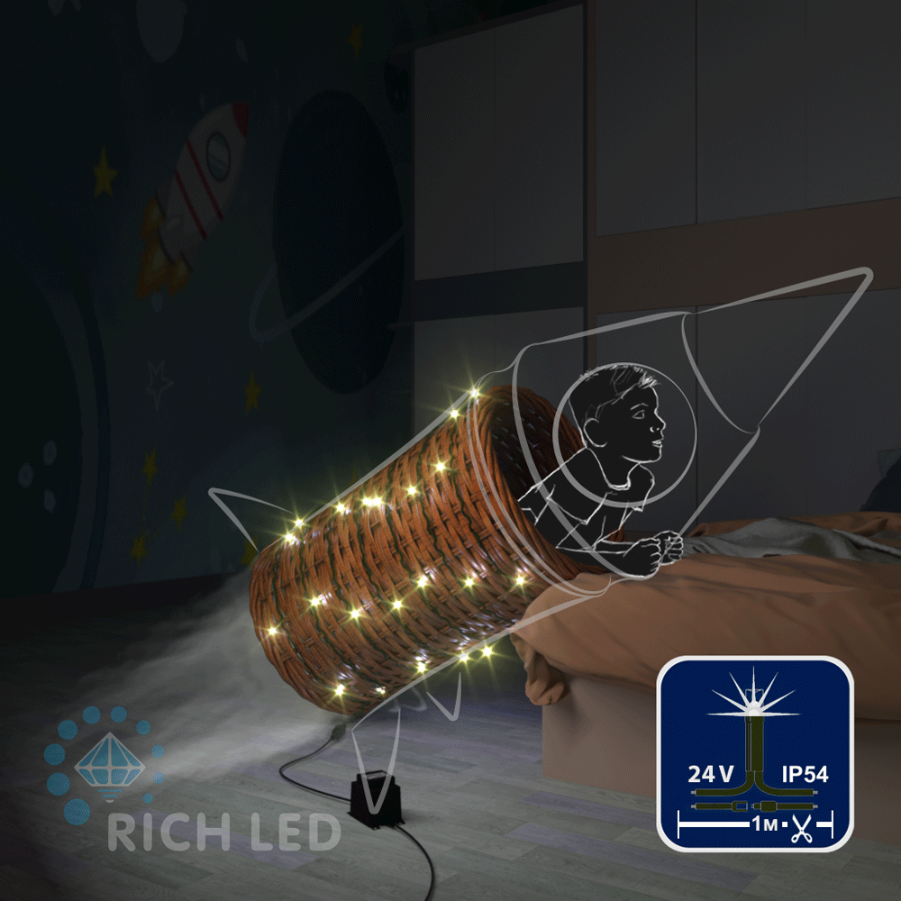 Качественная картинка Светодиодная гирлянда Rich LED Нить 100 м, 24В, мерцание, провод черный/зеленый, IP54, т. белый