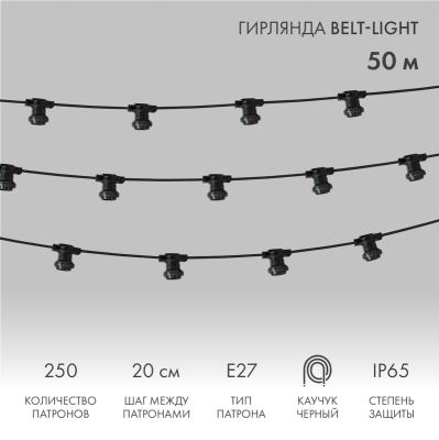 Белт-Лайт NEON-NIGHT 2 жилы, 50м, шаг 20см, 250 патронов E27, IP65, черный плоский провод каучук