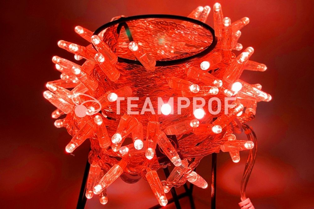 Качественная картинка Светодиодная гирлянда нить Teamprof, 10м, 100 LED, 24В, статика, прозр. провод, герм.колп, красный