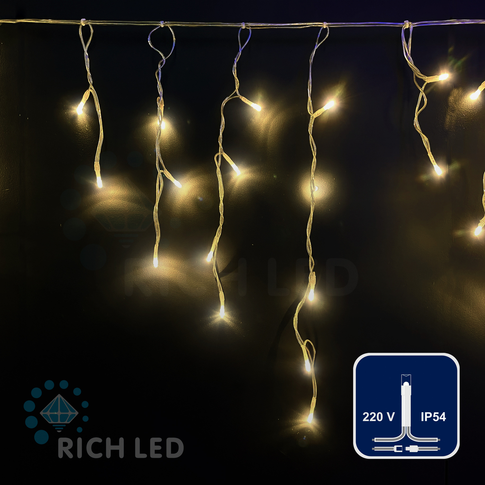 Качественная картинка Светодиодная бахрома Rich LED 3*0,5 м, 220 В, мерцание, цвет теплый белый, IP54, прозрачный провод