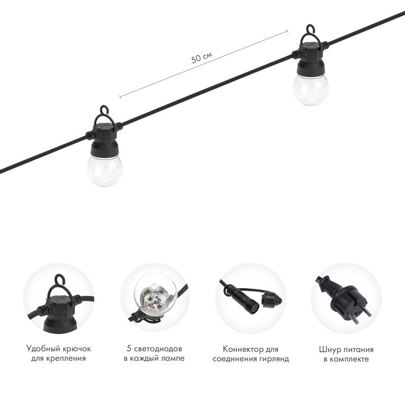 Качественная картинка Уличная гирлянда Лофт 10м, черный каучук, 20 прозрачных ламп х 5 LED, влагостойкая IP44