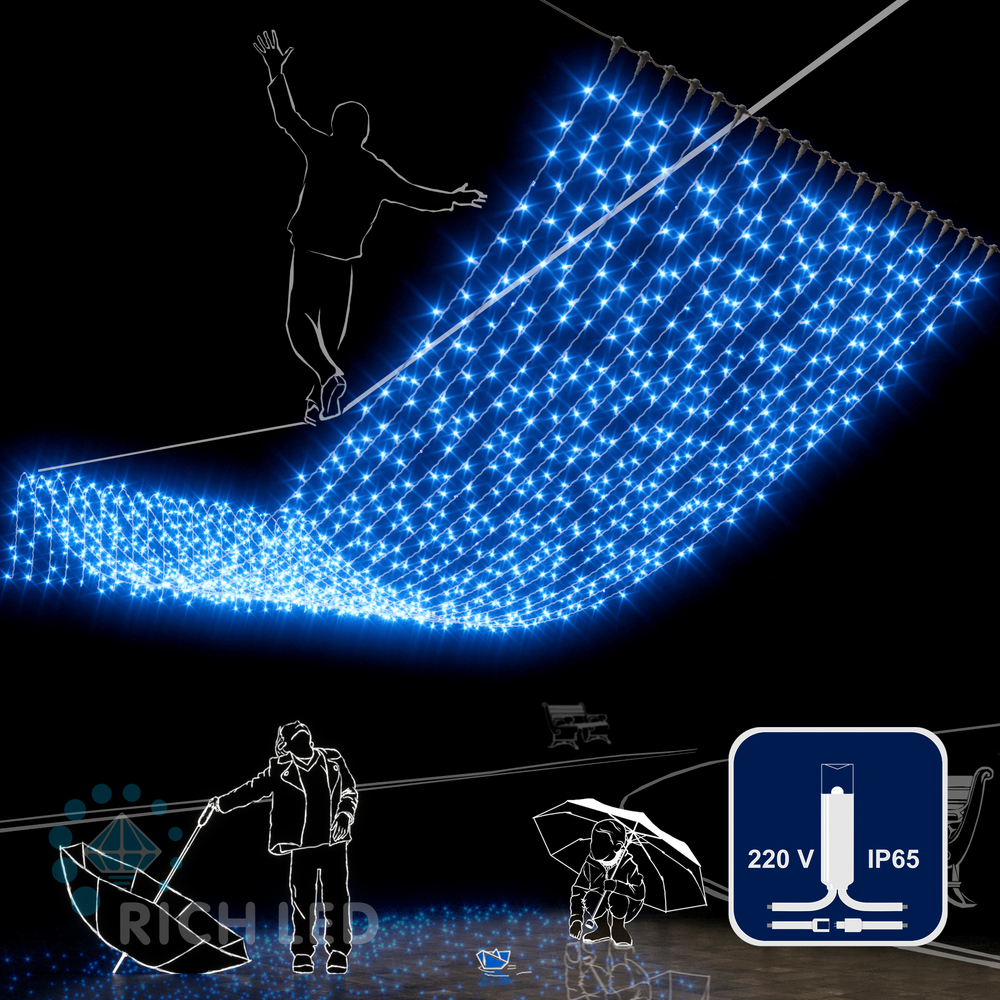 Качественная картинка Светодиодный занавес RichLed, 2*6 м, 220 В, пост. свечение, IP 65, герметичный колпачок, цвет синий