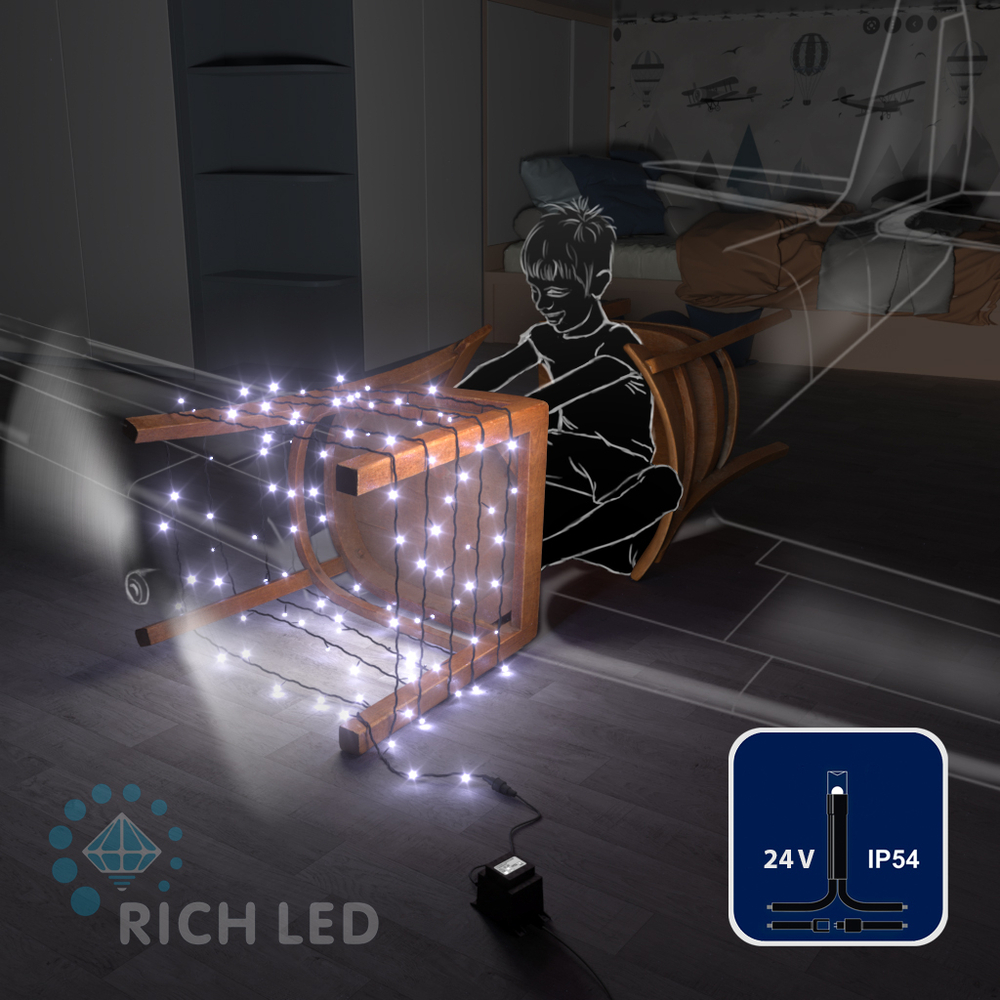 Светодиодные гирлянды RichLed Нить 10 м, 24 В, IP54, пост. свеч, черный провод, цвет белый Качественная картинка Светодиодные гирлянды RichLed Нить 10 м, 24 В, IP54, пост. свеч, черный провод, цвет белый