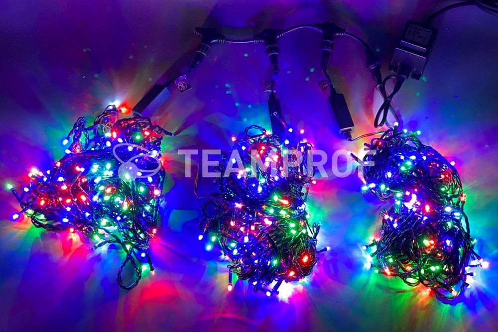 Качественная картинка Светодиодная гирлянда спайдер Teamprof, 3 нити по 20м, мерцание, темно-зеленый провод, мульти