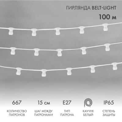 Белт-Лайт NEON-NIGHT 2 жилы, 100м, шаг 15см, 667 патронов E27, IP65, белый плоский провод каучук
