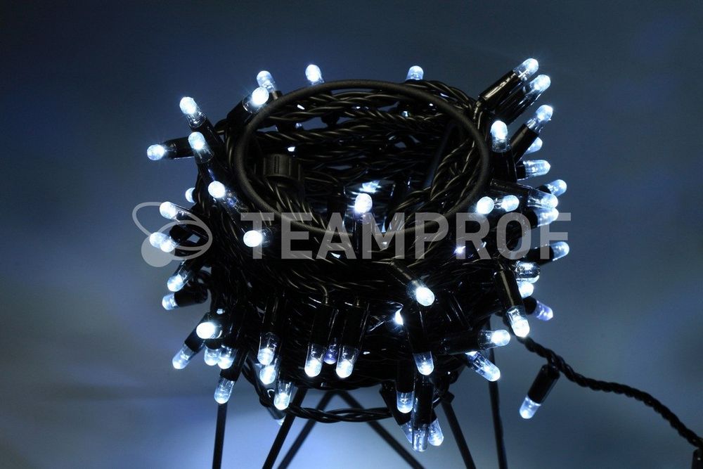 Качественная картинка Светодиодная гирлянда нить Teamprof 10м, 100 LED, 24В, IP65, статика, черн провод,герм.колп., белая