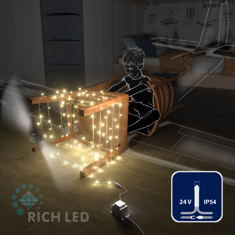 Светодиодные гирлянды RichLed Нить 10 м, 24 В, пост.свеч, прозр.провод, цвет теплый белый Качественная картинка Светодиодные гирлянды RichLed Нить 10 м, 24 В, пост.свеч, прозр.провод, цвет теплый белый