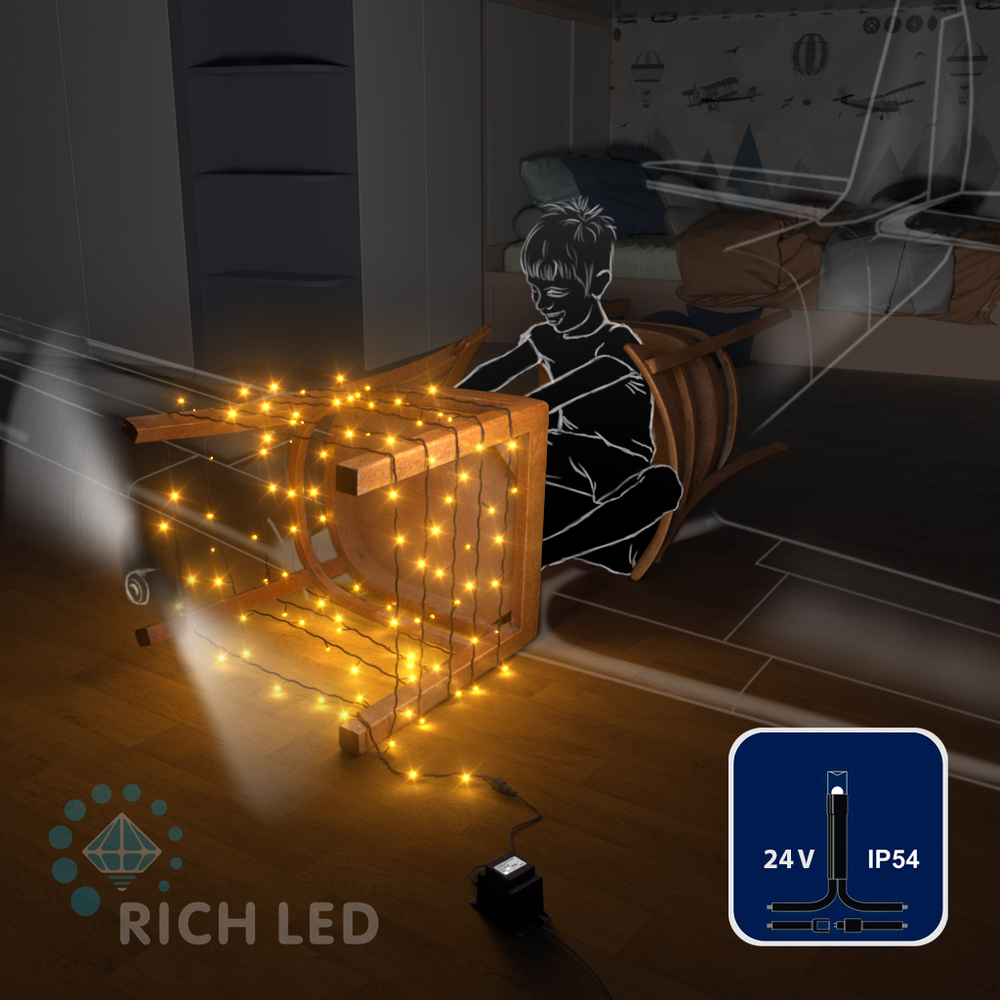 Светодиодные гирлянды RichLed Нить 10 м, 24 В, пост.свеч, черный провод, цвет желтый Качественная картинка Светодиодные гирлянды RichLed Нить 10 м, 24 В, пост.свеч, черный провод, цвет желтый