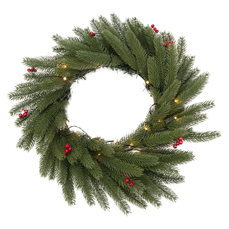 Качественная картинка Еловый венок с ягодами и гирляндой NEON-NIGHT Ø 45 см, 20 LED, 2 х АА, литой, теплое белое свечение
