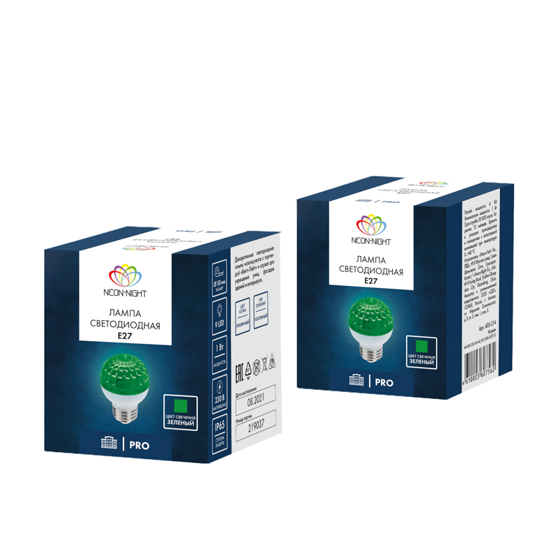 Качественная картинка Лампа светодиодная, диаметр 50мм, E27, 9 LED, 1Вт, ЗЕЛЕНЫЙ, прозрачная колба, 230В NEON-NIGHT