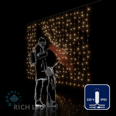 Светодиодный занавес RichLed, 2*1,5м, облег.прозр.пров, 220 В, пост.свеч, IP 65, герм.колп., т.белый