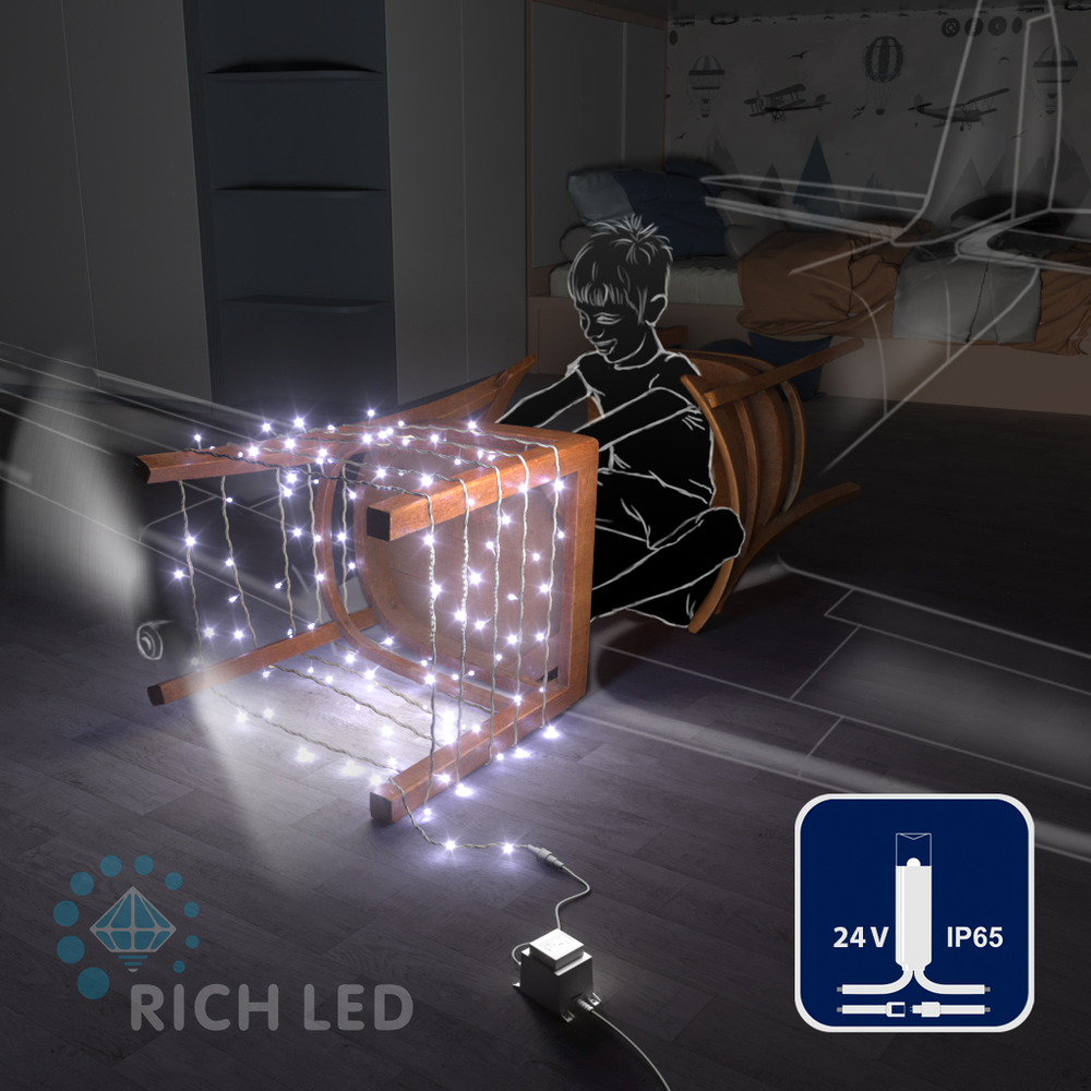 Качественная картинка Светодиодная гирлянда Rich LED Нить 10 м, 24В, постоянного свечения, черный резин. провод, белый